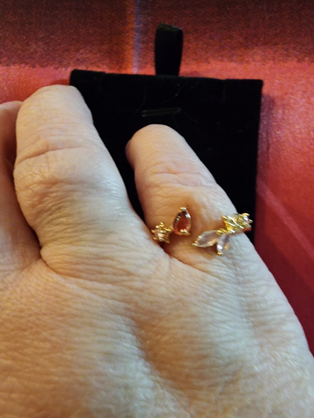 Gold Butterfly and Teardrop Adjustable Ring - Pink and Clear Stones